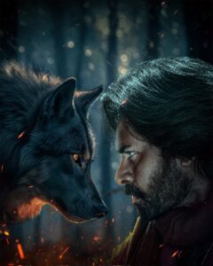 An wolf and a man facing opposite to each other